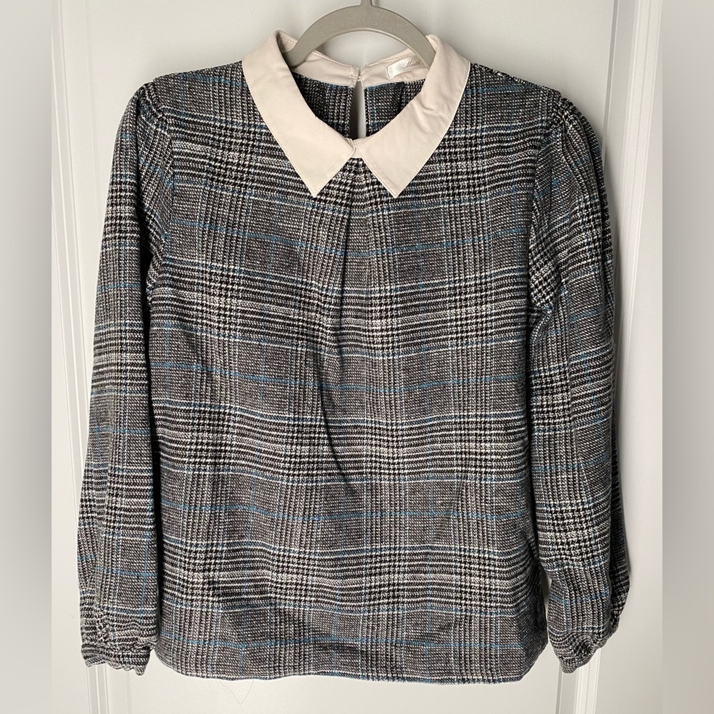 Collared Long Sleeve houndstooth plaid Blouse Top - One Size